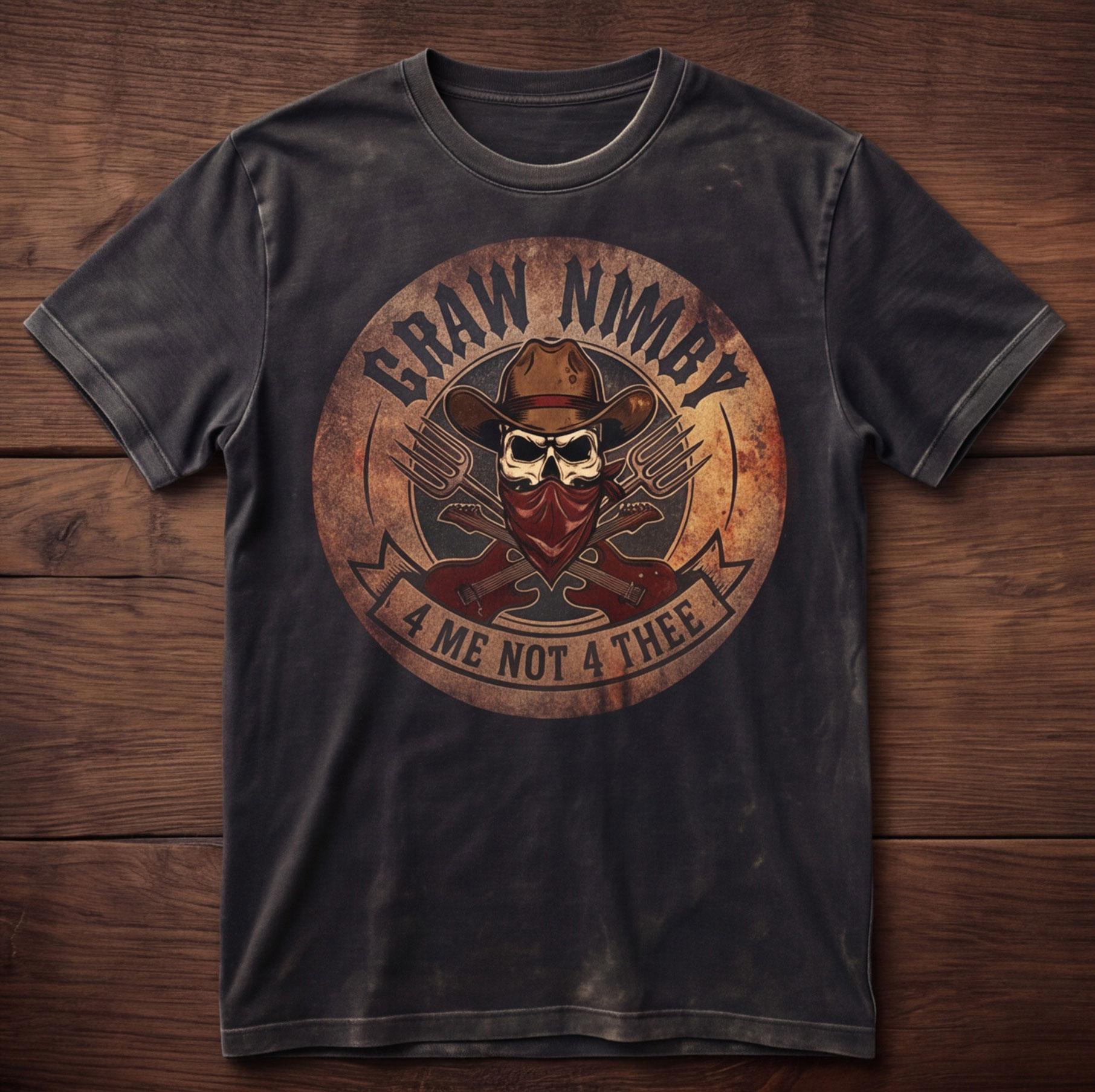 Dark grey t-shirt with a circular logo featuring a skull wearing a cowboy hat and red bandana, with crossed guitars and 'GRAW NIMBY' text