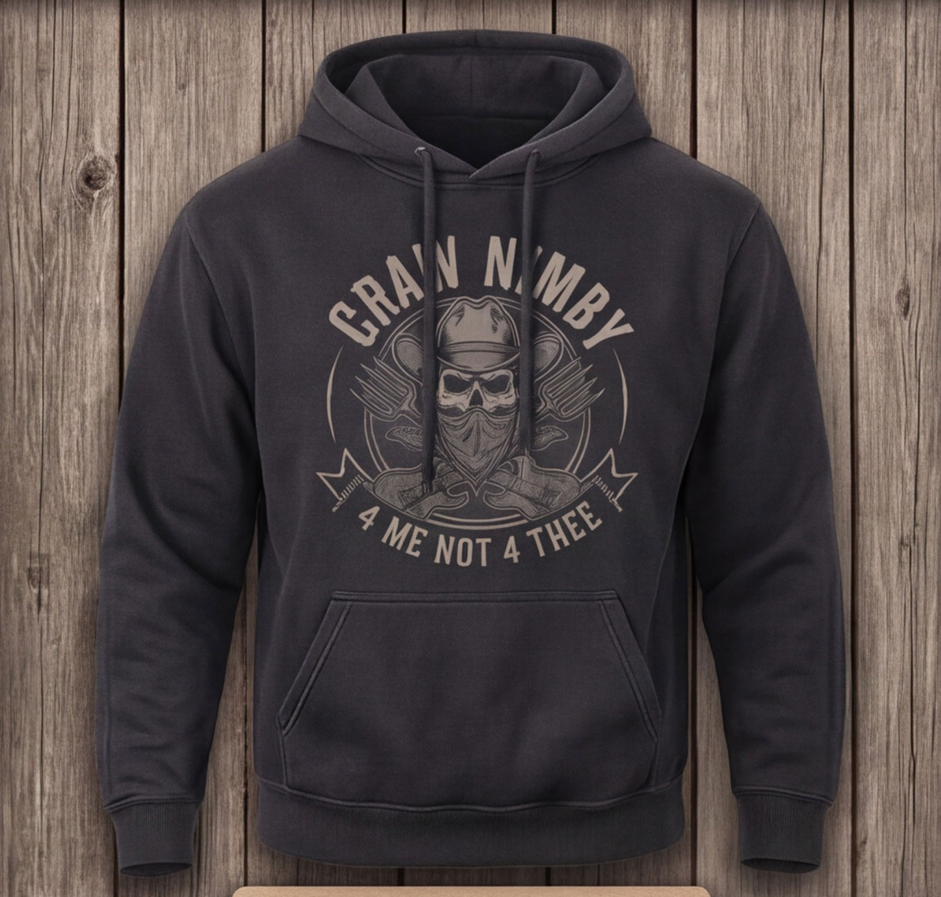 Dark grey t-shirt with a circular logo featuring a skull wearing a cowboy hat and red bandana, with crossed guitars and 'GRAW NIMBY' text